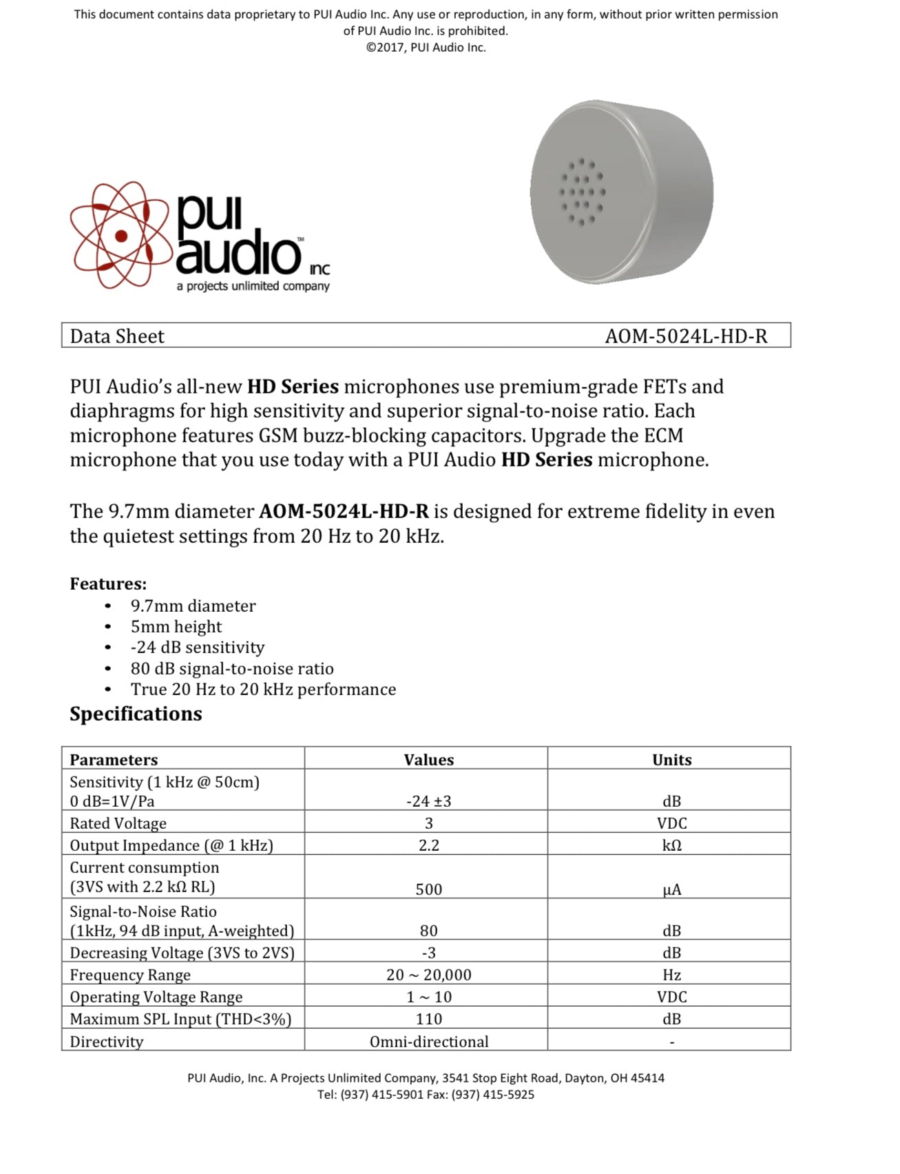 YH836 PUI audio AOM-5024L-HD-R Lapel Mic