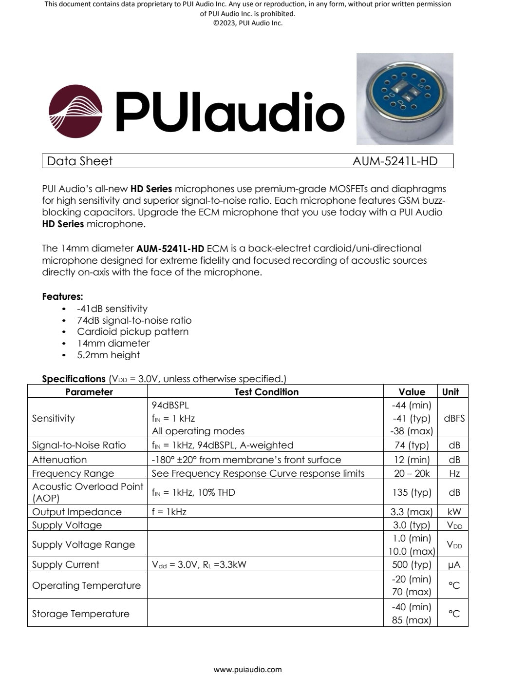 PUI audio AUM-5241L-HD Electret Condenser Microphone / Electret Capsule / 14.0mm / Uni-directional