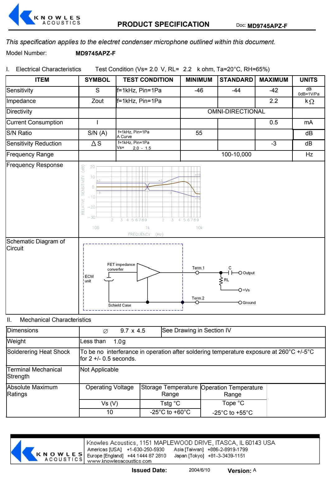 KNOWLES MD9745APZ-1E Omni-directional Electret Condenser Microphone
