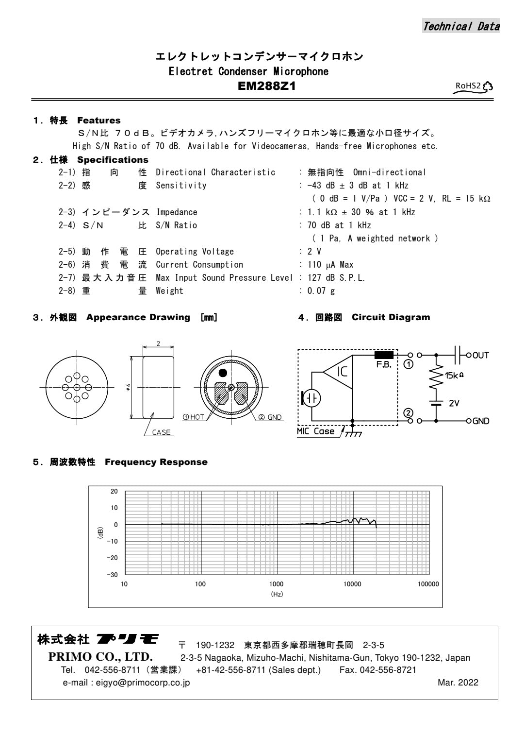Primo EM288Z1 Electret Condenser Microphone / Electret Capsule / 4.0mm / Omni-directional