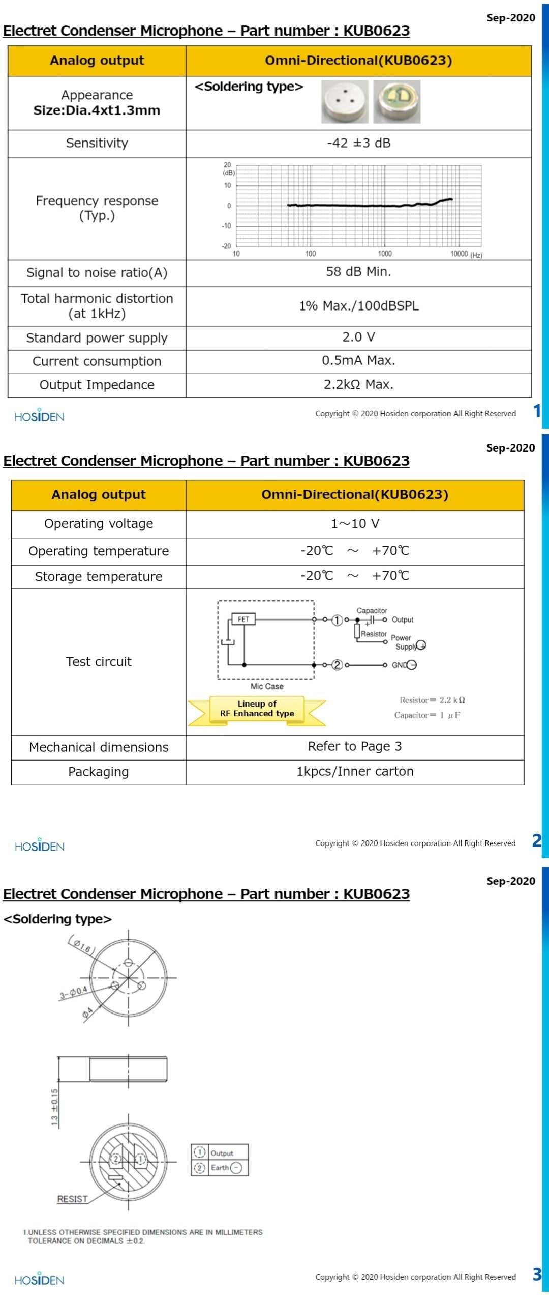 HOSIDEN KUB0623 Omni-directional Electret Condenser Microphone