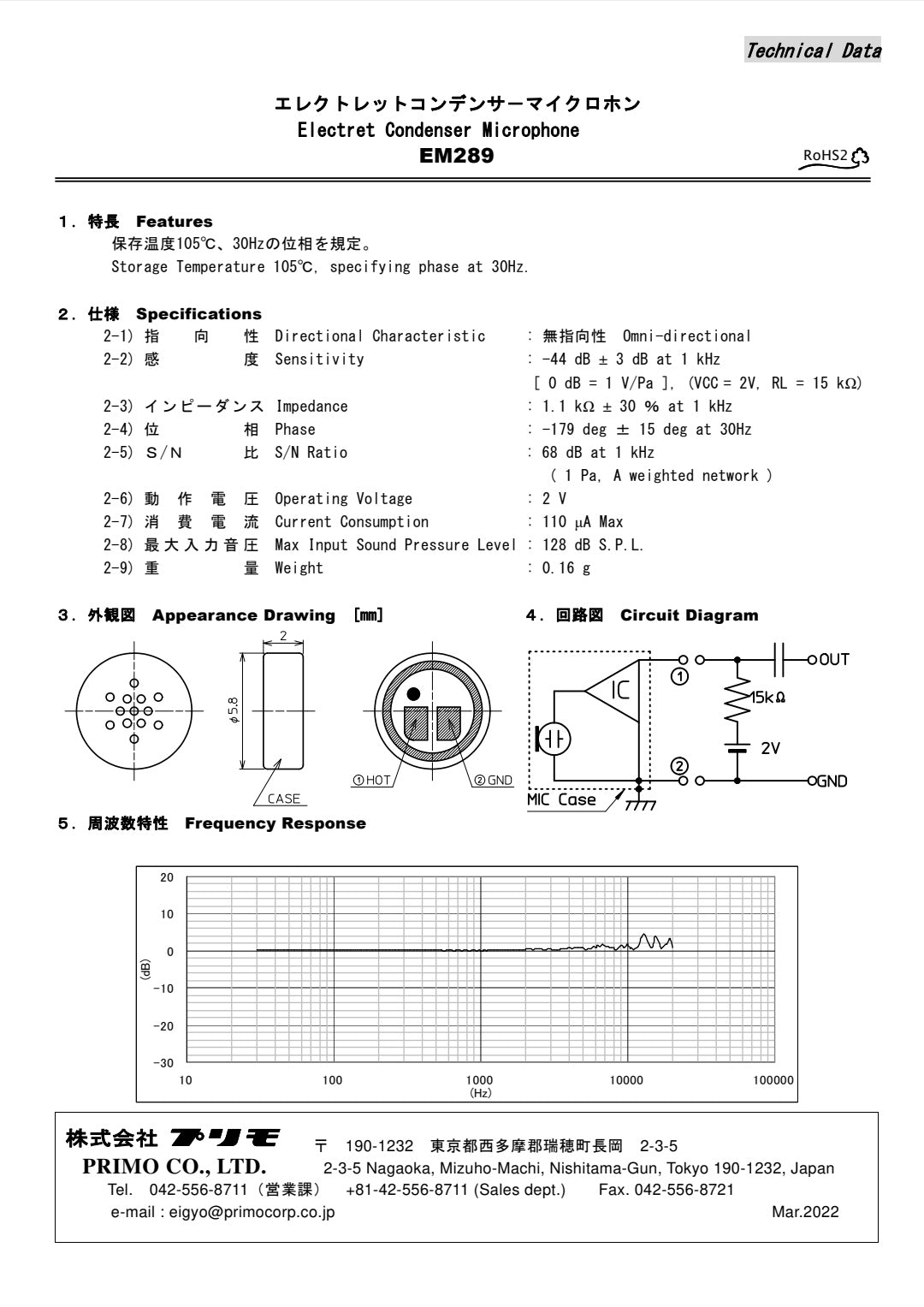 Primo EM289 Electret Condenser Microphone / Electret Capsule / 5.8mm / Omni-directional