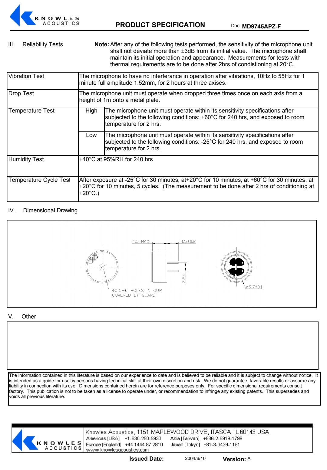 KNOWLES MD9745APZ-1E Omni-directional Electret Condenser Microphone