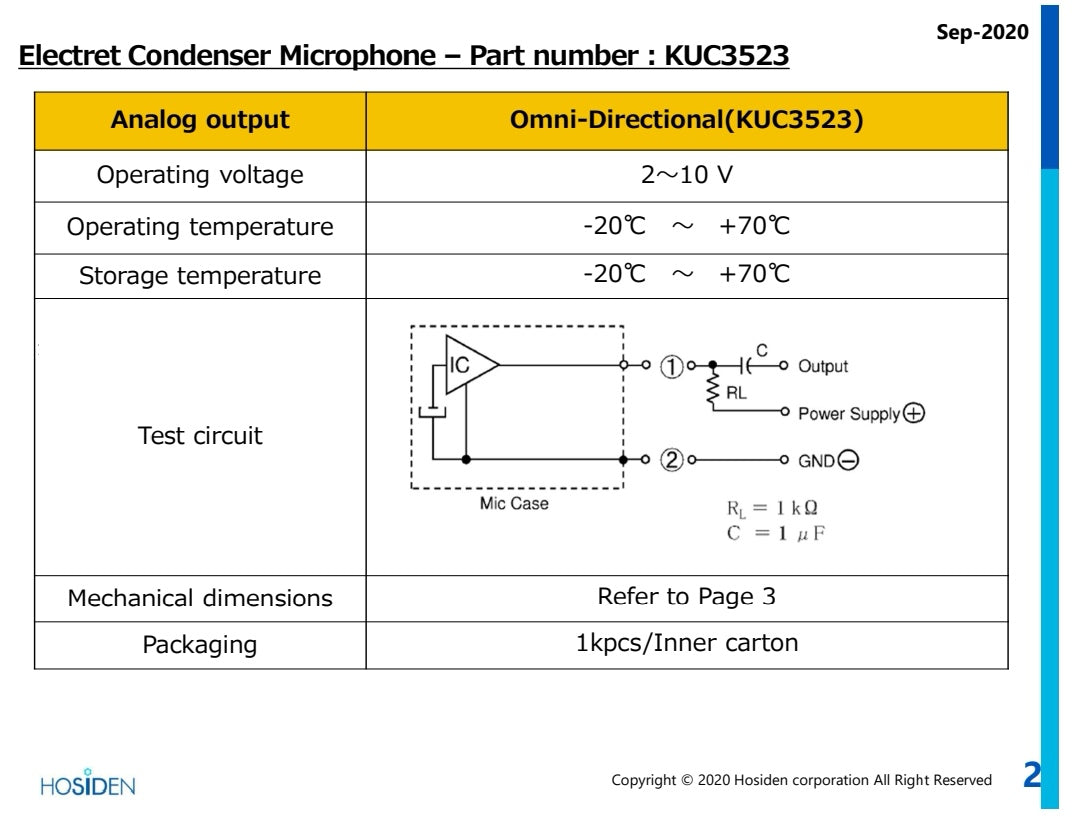 HOSIDEN KUC3523 Omni-directional Electret Condenser Microphone