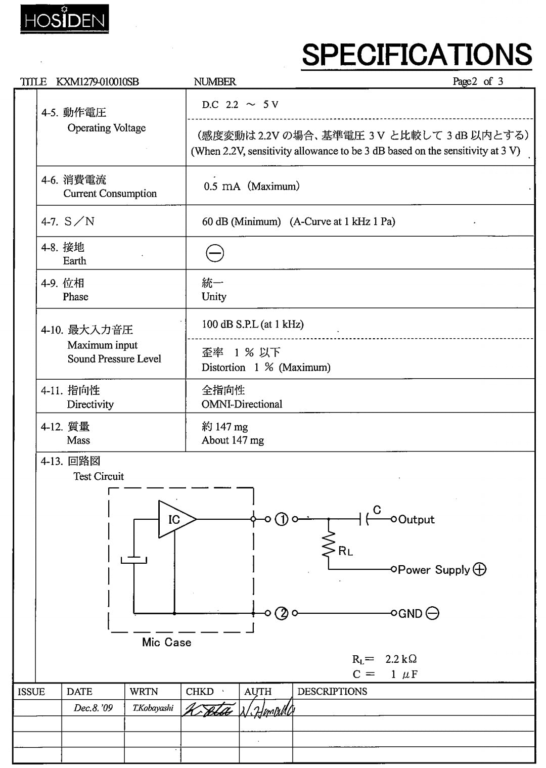 HOSIDEN KXM1279 Omni-directional Electret Condenser Microphone